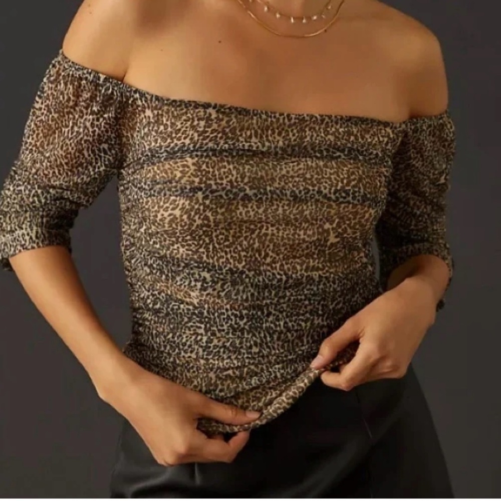 NWT Anthropologie Animal Print Off-Shoulder Blouse Size XS